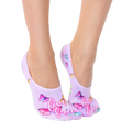 Pair of lavender no-show socks adorned with colorful butterflies and the phrase 'Live Free' in pink script. [lf]