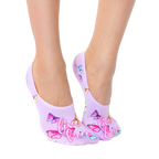 Pair of lavender no-show socks adorned with colorful butterflies and the phrase 'Live Free' in pink script. [lf]