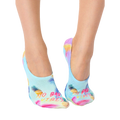 Lifestyle shot of a woman's feet wearing the 'No Bad Vibes' no-show socks. The socks are visible from the ankles down. [lf]