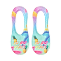 Pair of women's no-show socks in pastel blue, pink, and yellow. Features pineapples, palm leaves, and 'No Bad Vibes' text.