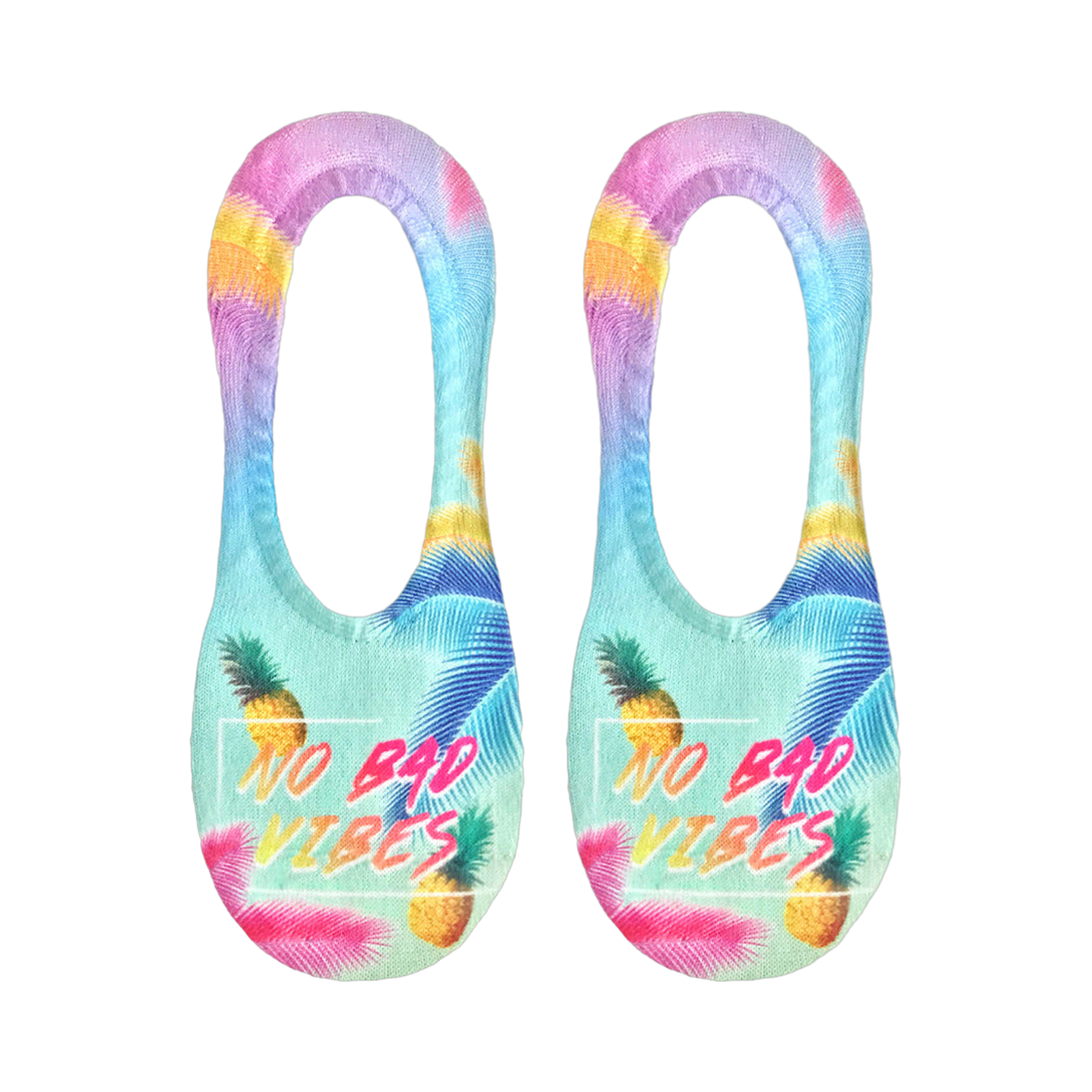 Pair of women's no-show socks in pastel blue, pink, and yellow. Features pineapples, palm leaves, and 'No Bad Vibes' text.