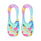 Pair of women's no-show socks in pastel blue, pink, and yellow. Features pineapples, palm leaves, and 'No Bad Vibes' text.