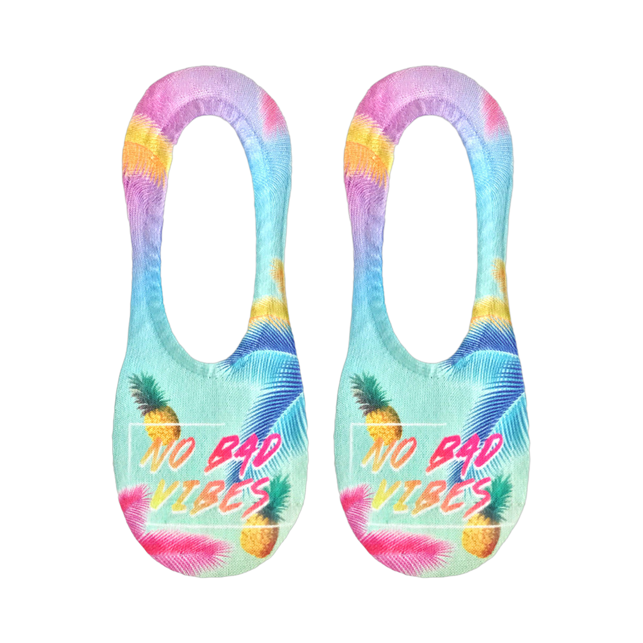 Pair of women's no-show socks in pastel blue, pink, and yellow. Features pineapples, palm leaves, and 'No Bad Vibes' text.
