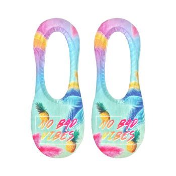 Pair of women's no-show socks in pastel blue, pink, and yellow. Features pineapples, palm leaves, and 'No Bad Vibes' text.