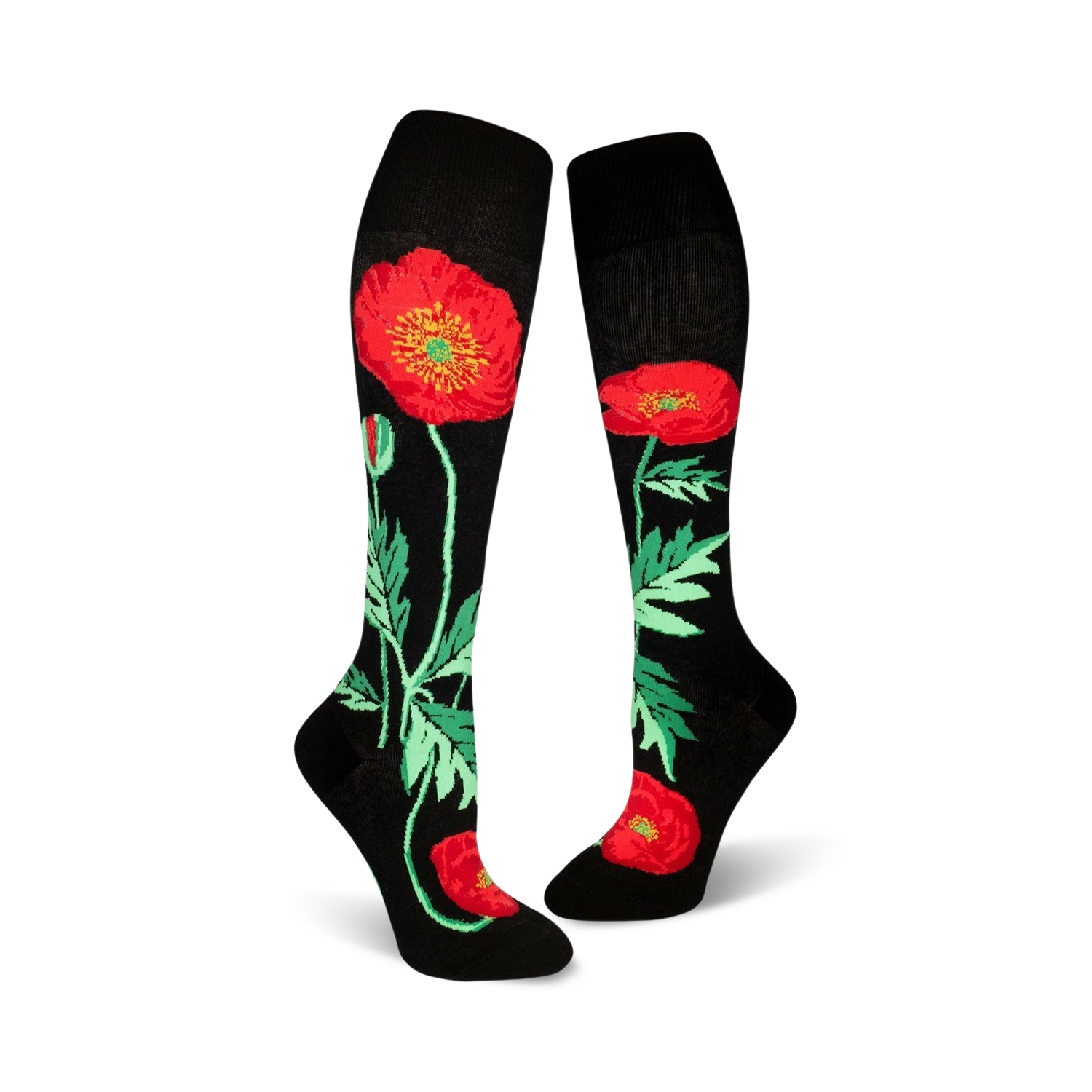 Pair of black knee-high socks adorned with red poppies and green foliage. 
