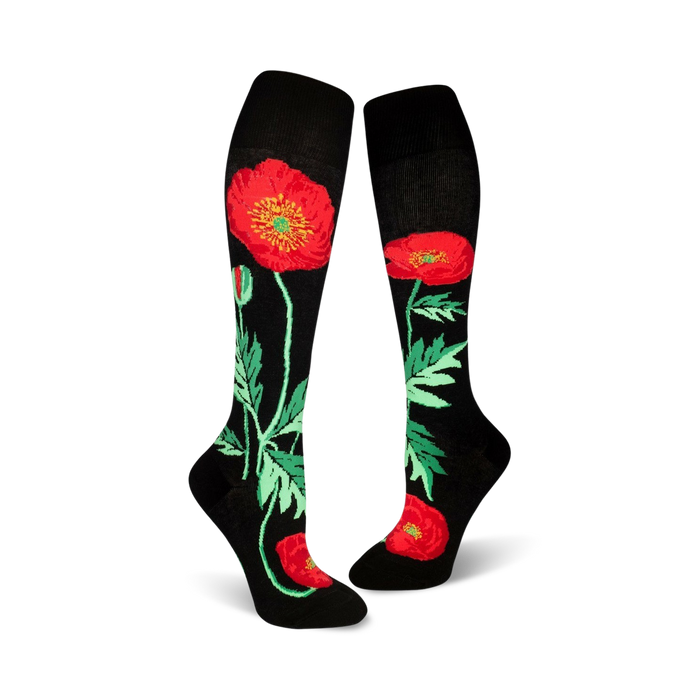 black poppy patterned red, green women's botanical themed knee high socks are comfy & lively. 