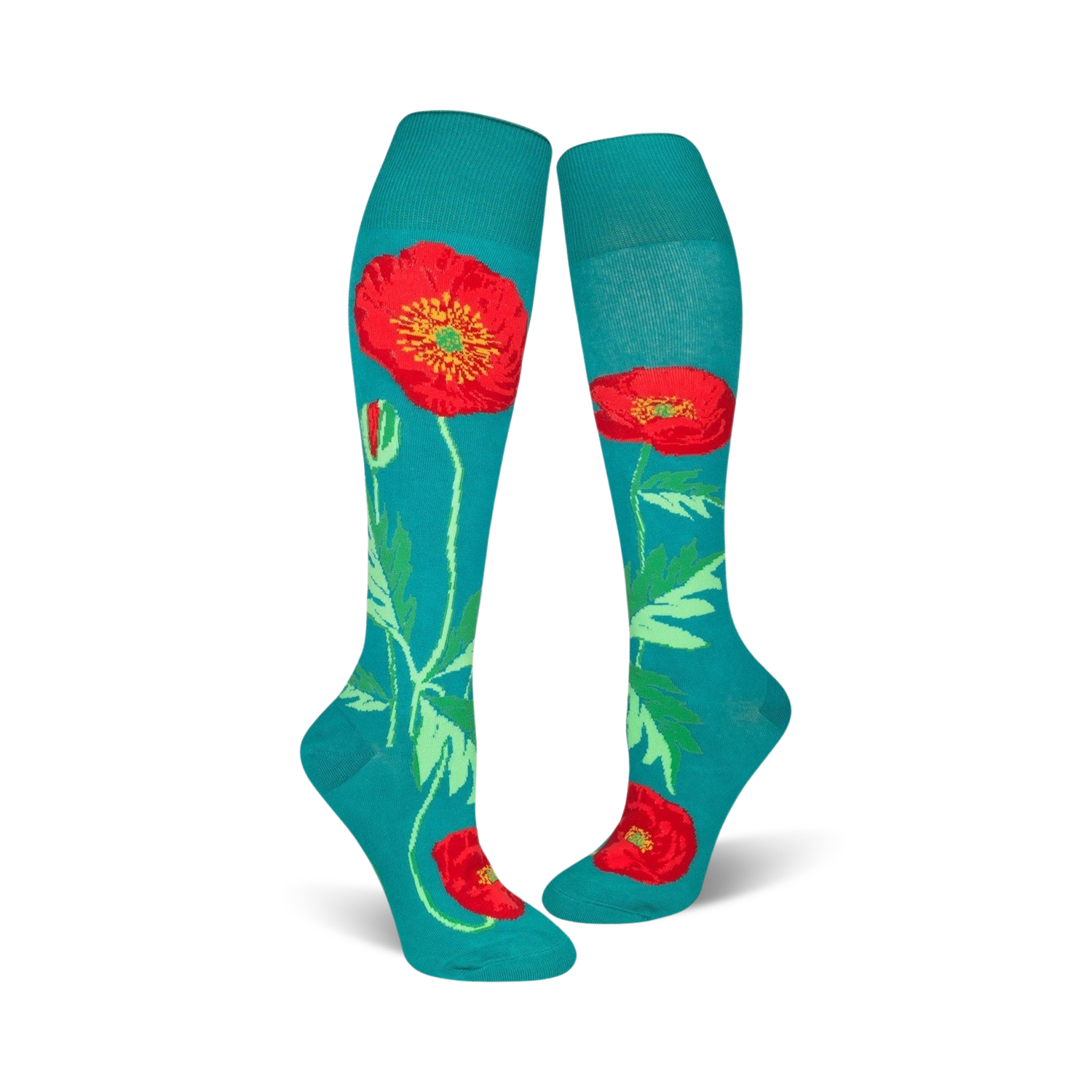 Close-up of teal knee-high socks with a red poppy design.