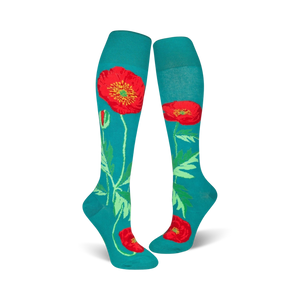 knee-high poppy-patterned socks in teal, red, black, yellow, and green for women.  