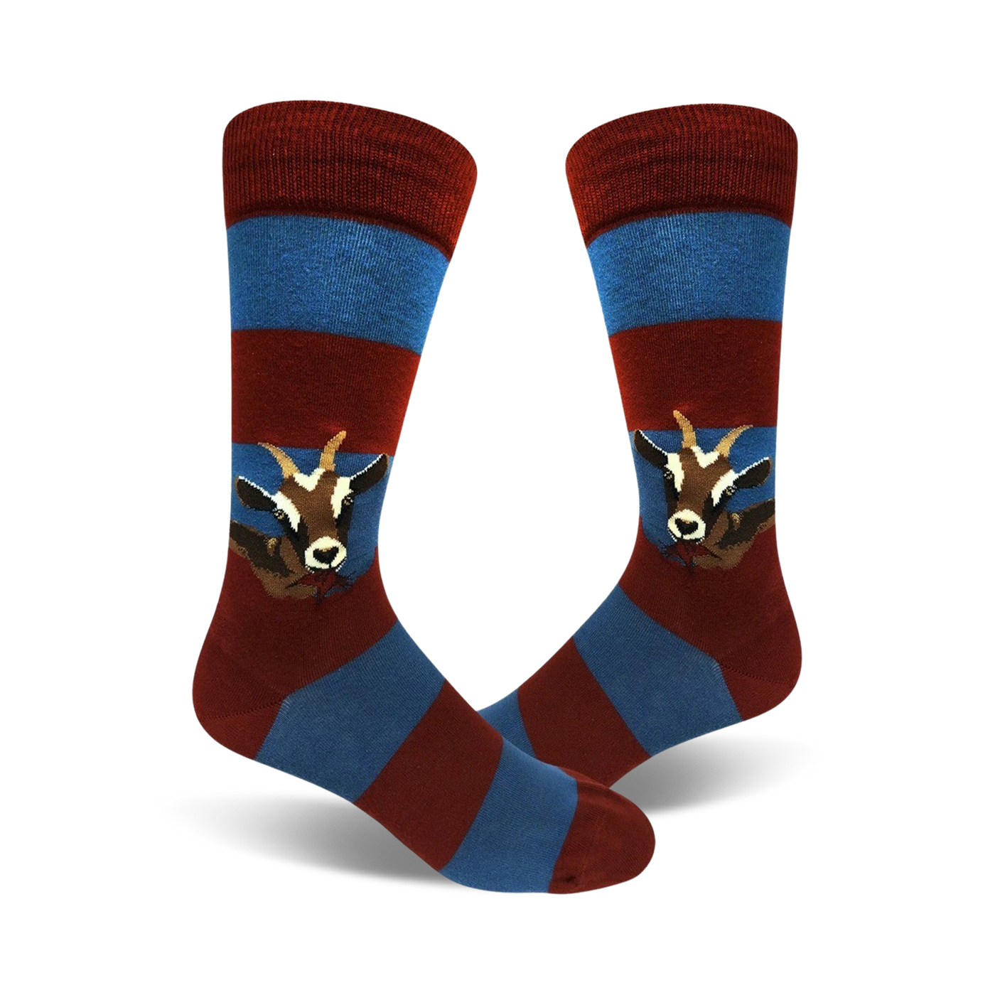 Pair of crew socks in red and blue horizontal stripes. A whimsical goat eating is featured on each sock.
