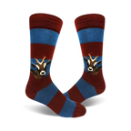 Pair of crew socks in red and blue horizontal stripes. A whimsical goat eating is featured on each sock.