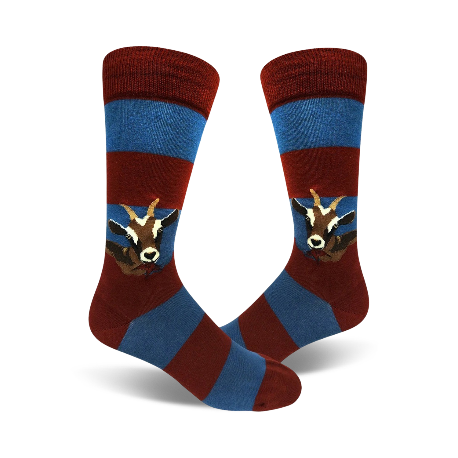 Pair of crew socks in red and blue horizontal stripes. A whimsical goat eating is featured on each sock.