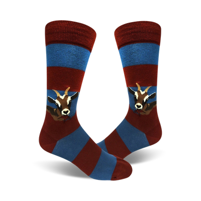 mens hungry goats socks featuring a brown goat on blue and red striped socks. crew length.   