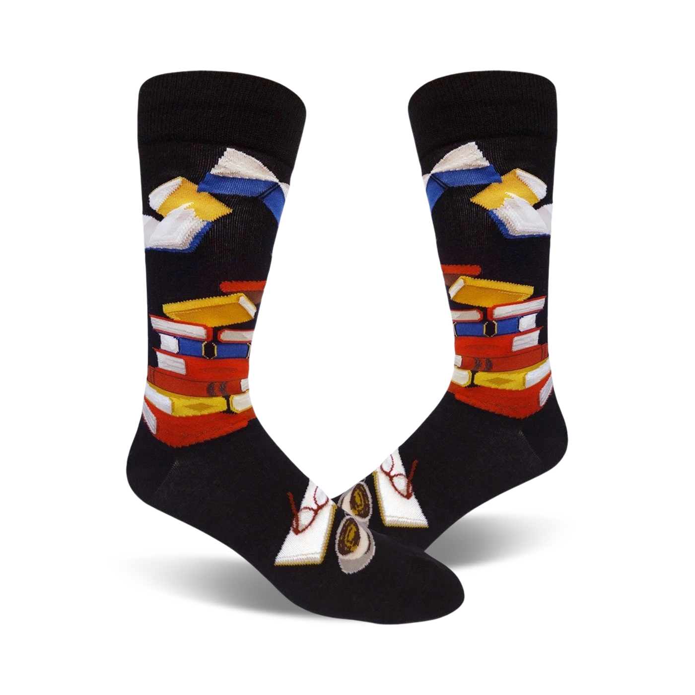 A pair of black crew socks with a colorful stack of books and glasses design. Perfect for book lovers!