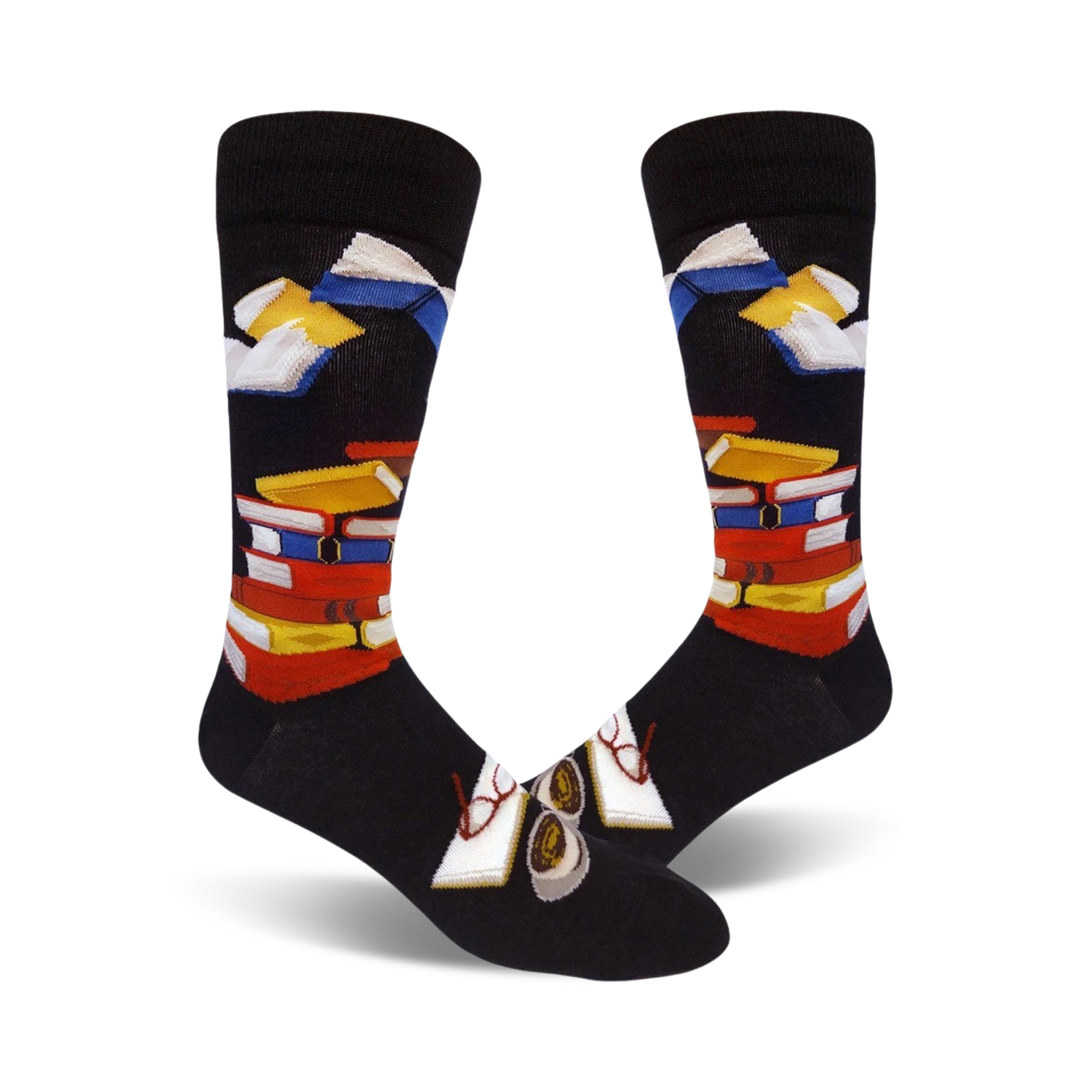 A pair of black crew socks with a colorful stack of books and glasses design. Perfect for book lovers!