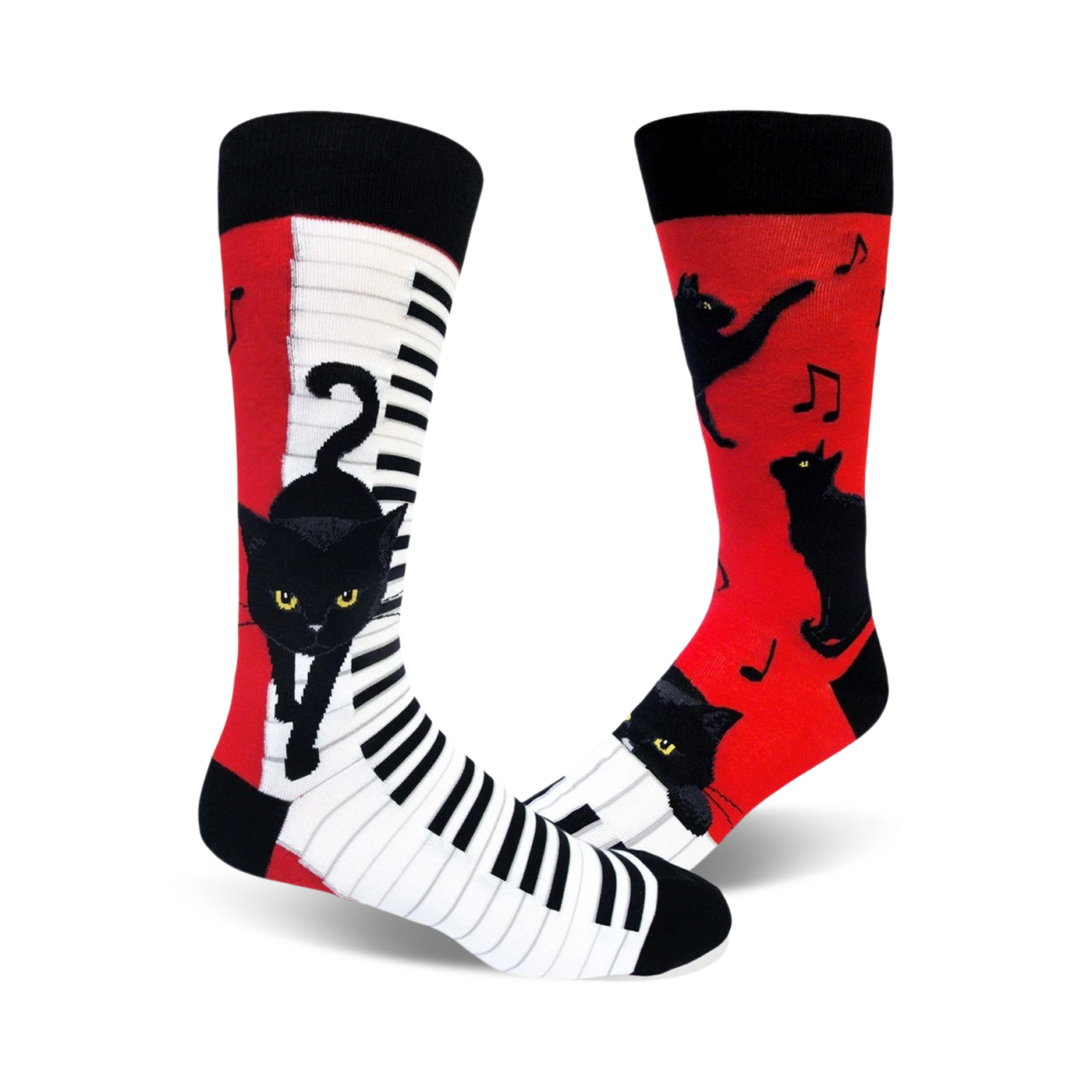 A pair of crew socks. One sock is red with black cats and music notes; the other is white with a piano keyboard and a black cat.