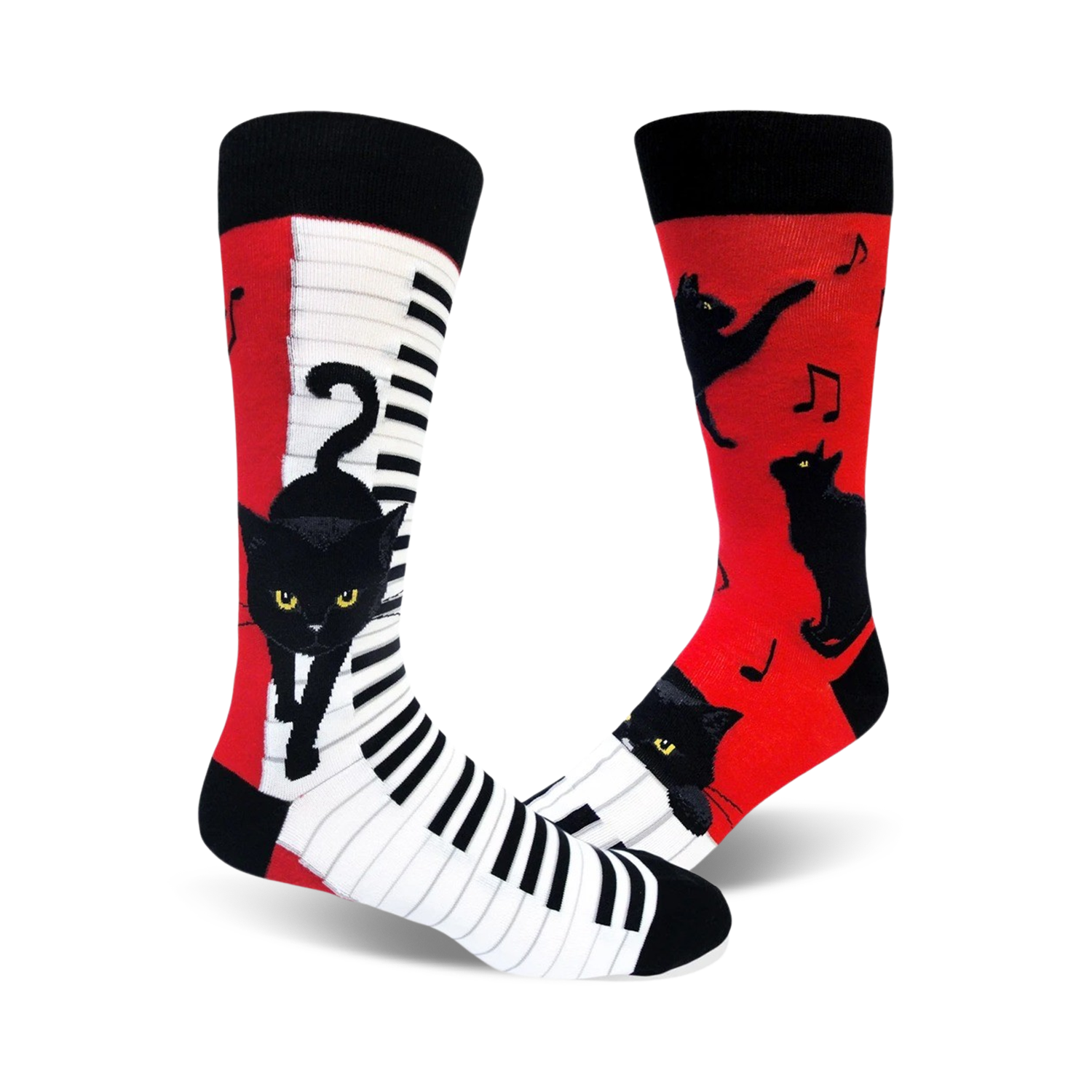 A pair of crew socks. One sock is red with black cats and music notes; the other is white with a piano keyboard and a black cat.
