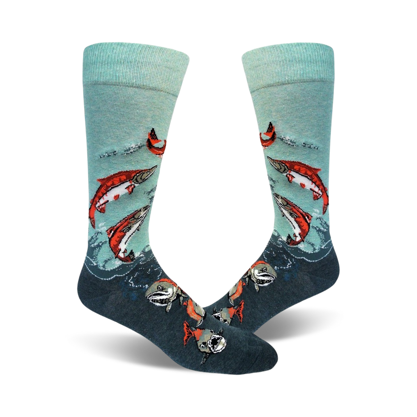 A pair of teal and dark grey crew socks with a design of red sockeye salmon leaping from the water. 