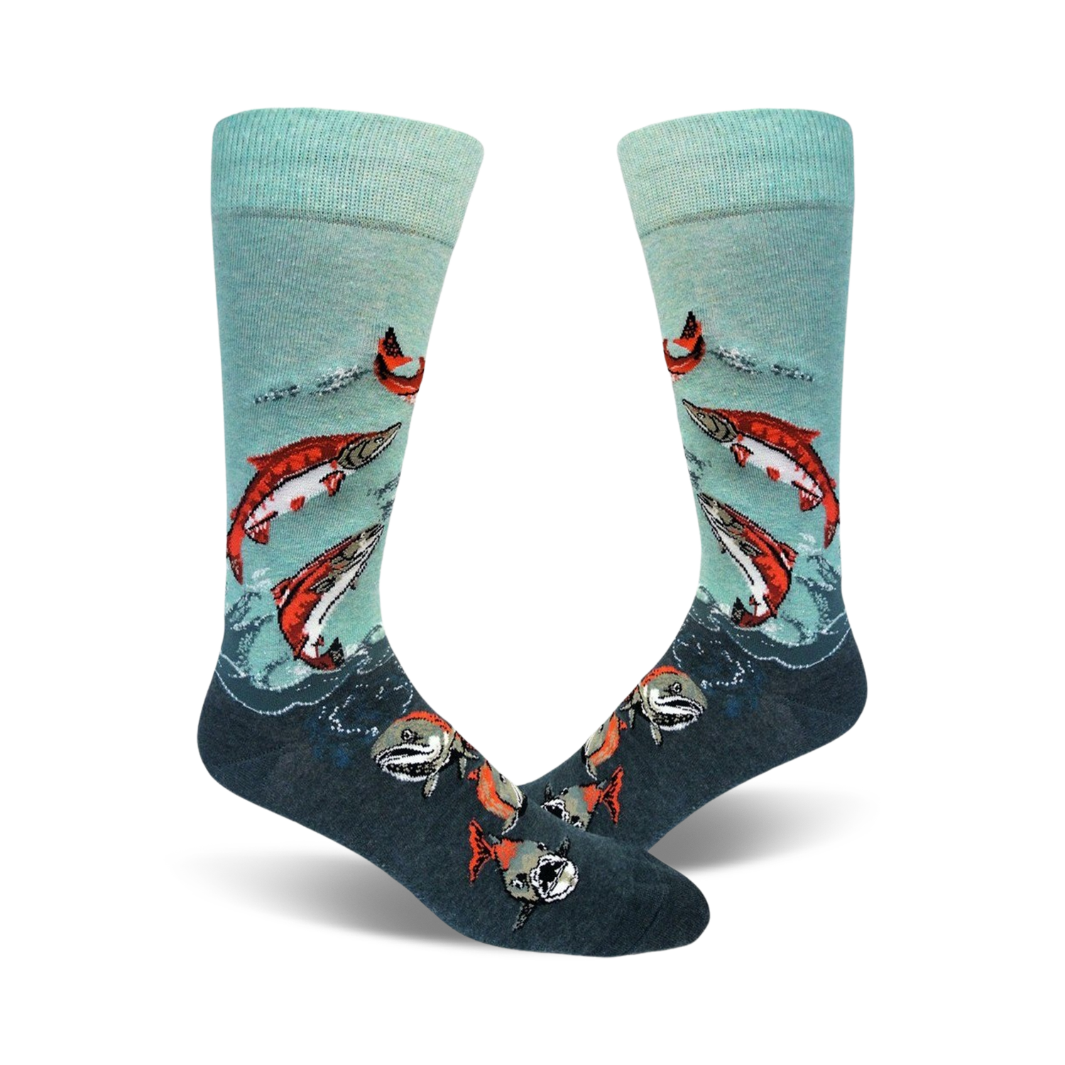 A pair of teal and dark grey crew socks with a design of red sockeye salmon leaping from the water. 