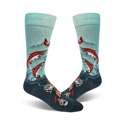 mens sockeye salmon pattern crew socks: red, blue, green fish, blue background, dark blue waves   