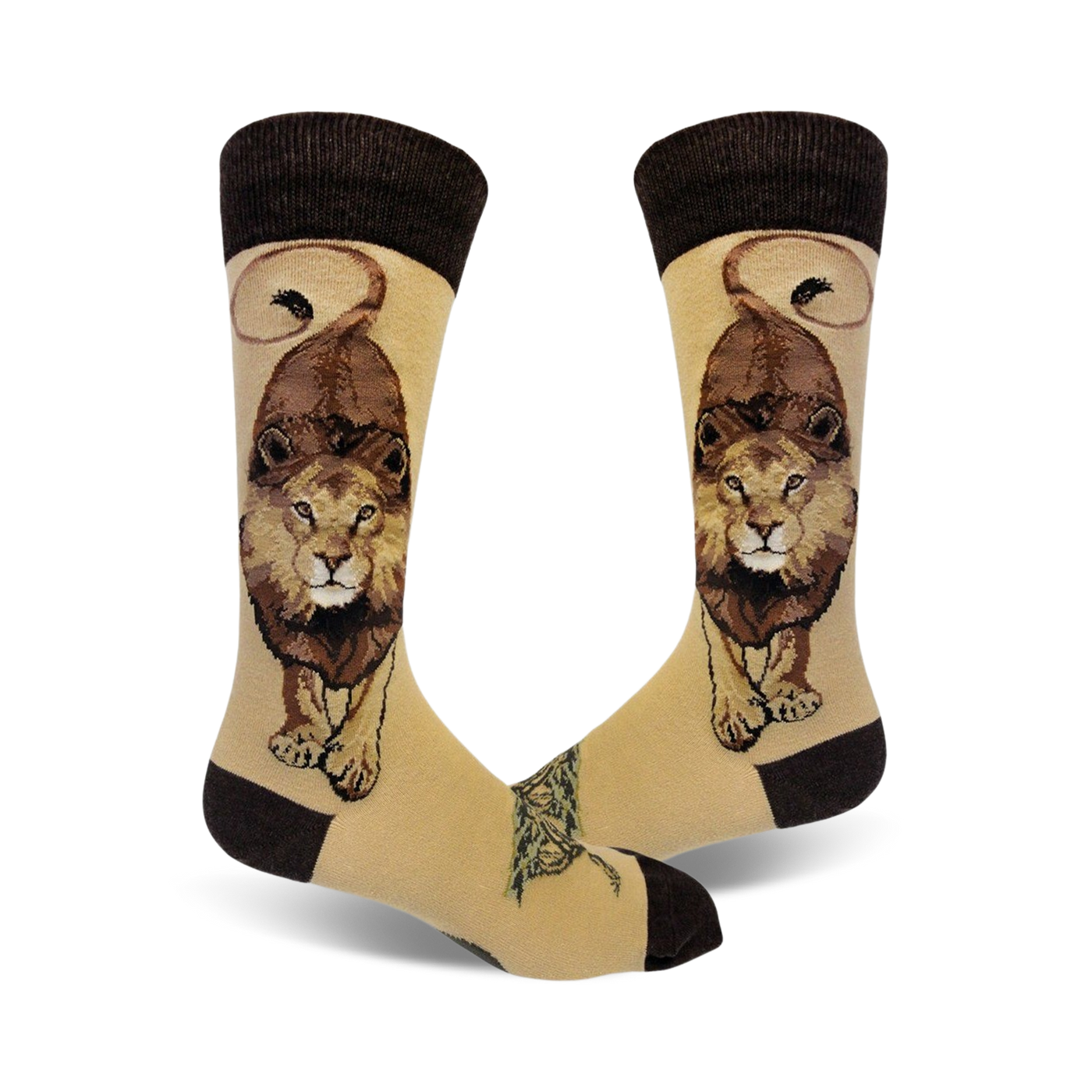 A pair of tan crew socks with a brown-toned lion graphic. The lion is walking toward the viewer. Brown cuff.