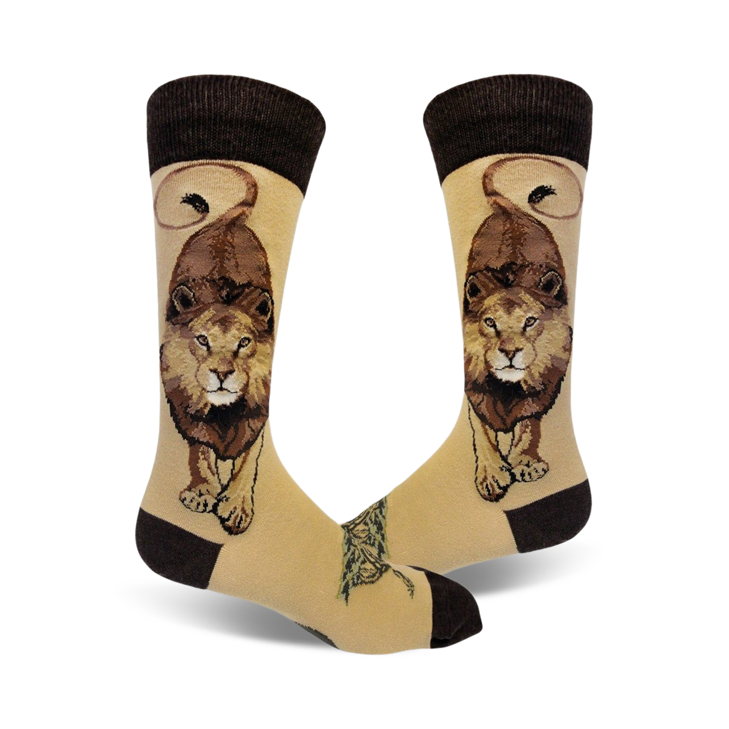 A pair of tan crew socks with a brown-toned lion graphic. The lion is walking toward the viewer. Brown cuff.