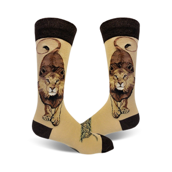 light tan socks with a dark brown top and a pattern of a lion's face. made for men. crew length.  