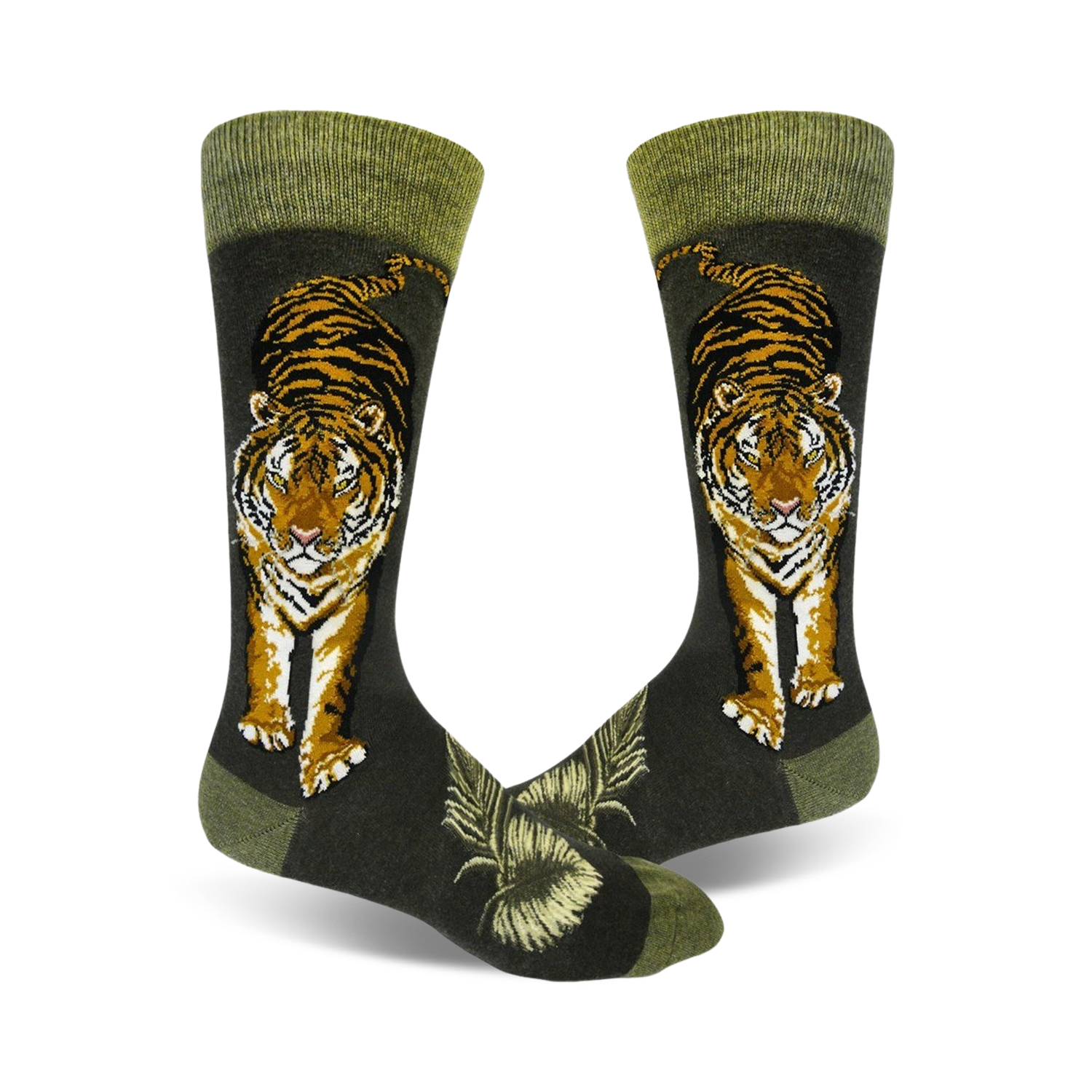 A pair of crew socks with a detailed tiger illustration in orange and black against a dark green background. The socks have a green cuff.