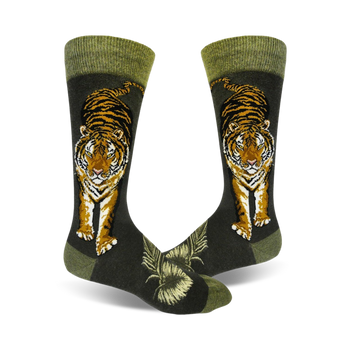 dark green cotton mens crew socks with a walking tiger pattern in orange, black, and white.  