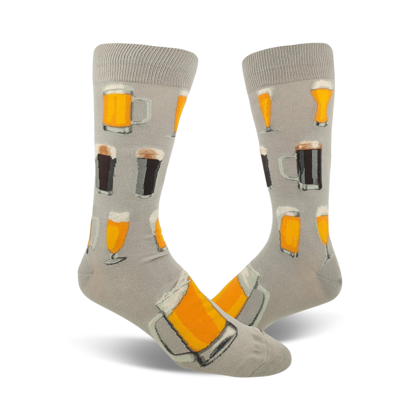 Pair of grey crew socks with illustrations of beer steins and glasses in orange, yellow, and brown.