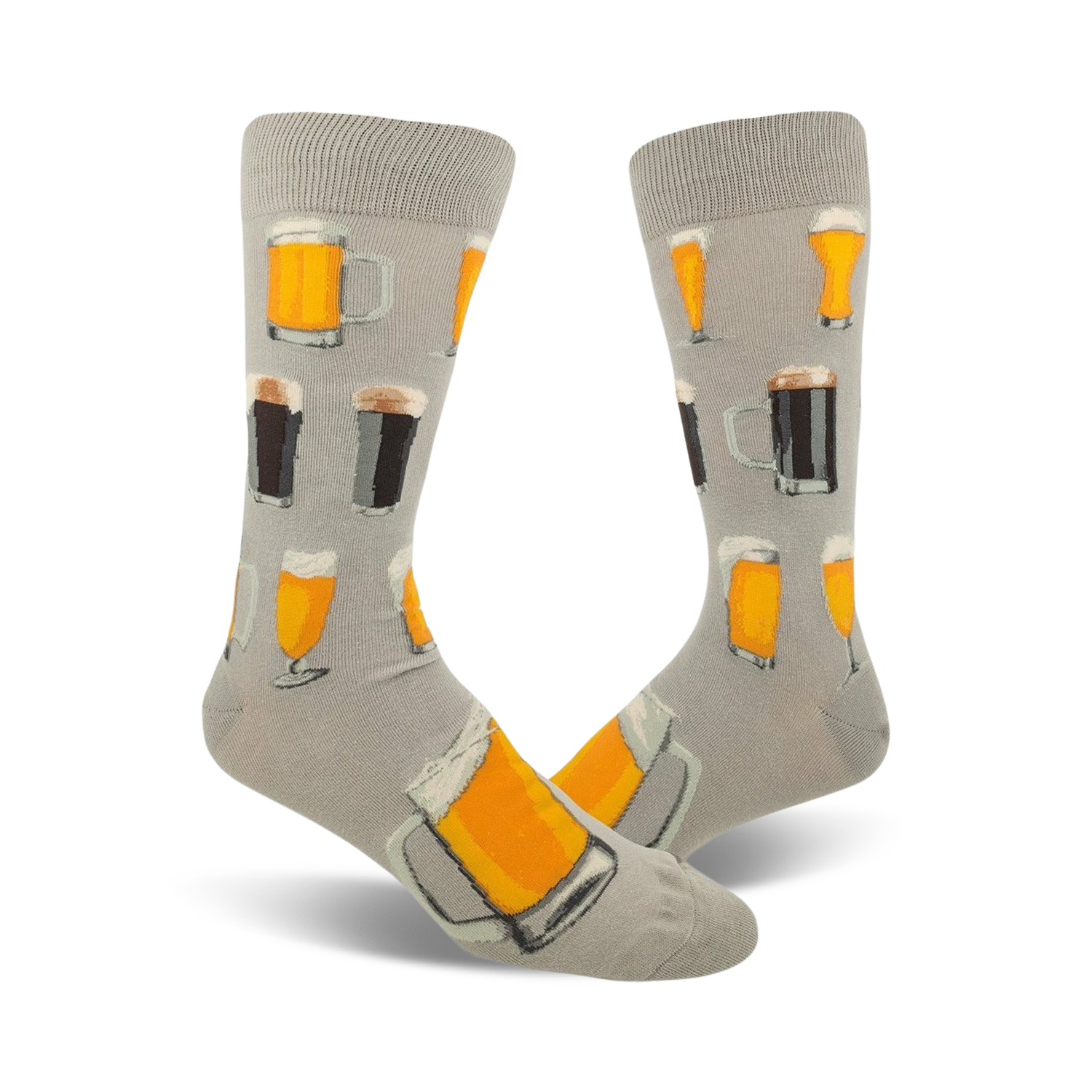 Pair of grey crew socks with illustrations of beer steins and glasses in orange, yellow, and brown.