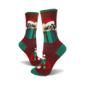 Crew socks in maroon, green, and red. Sloths wearing Santa hats are nestled inside green gift boxes.