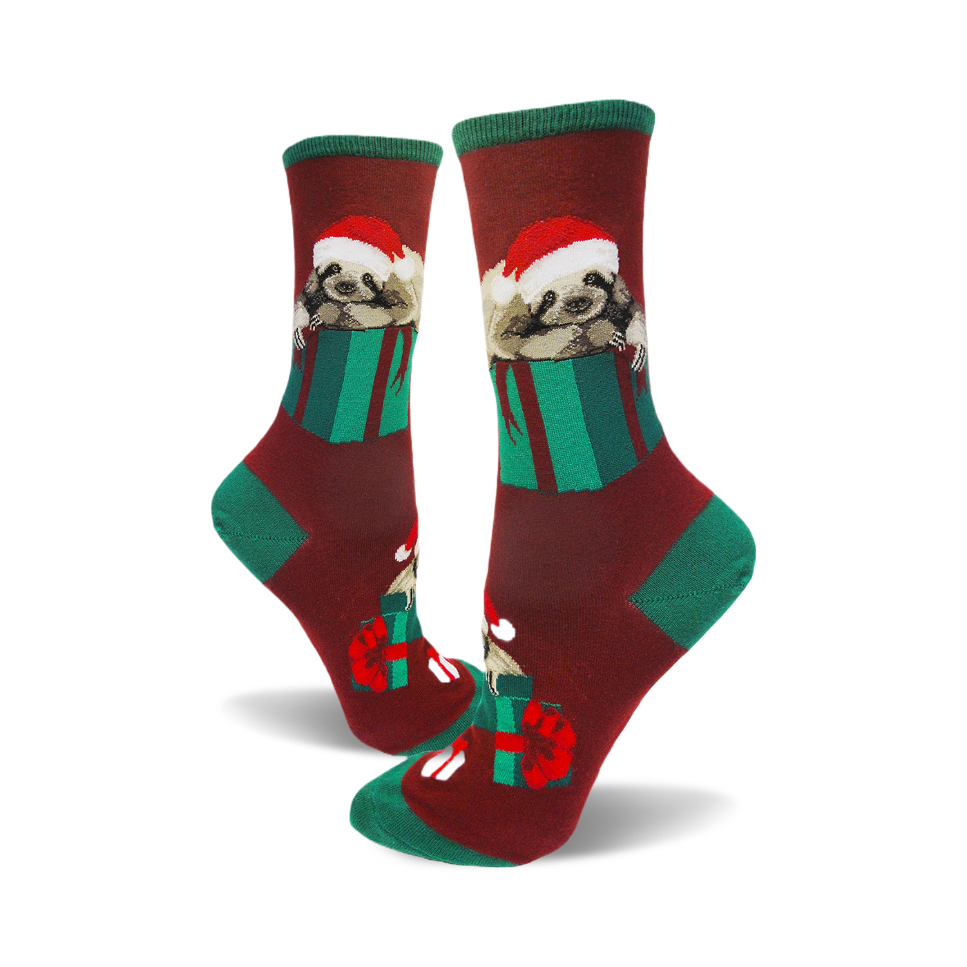 Crew socks in maroon, green, and red. Sloths wearing Santa hats are nestled inside green gift boxes.