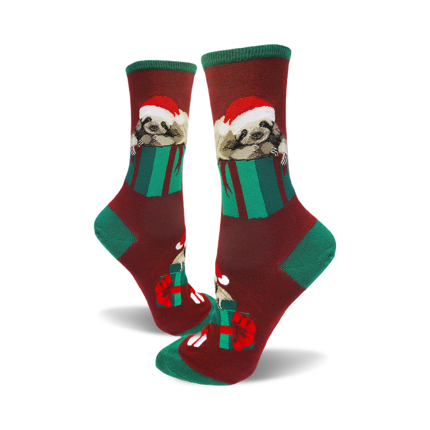 Crew socks in maroon, green, and red. Sloths wearing Santa hats are nestled inside green gift boxes.