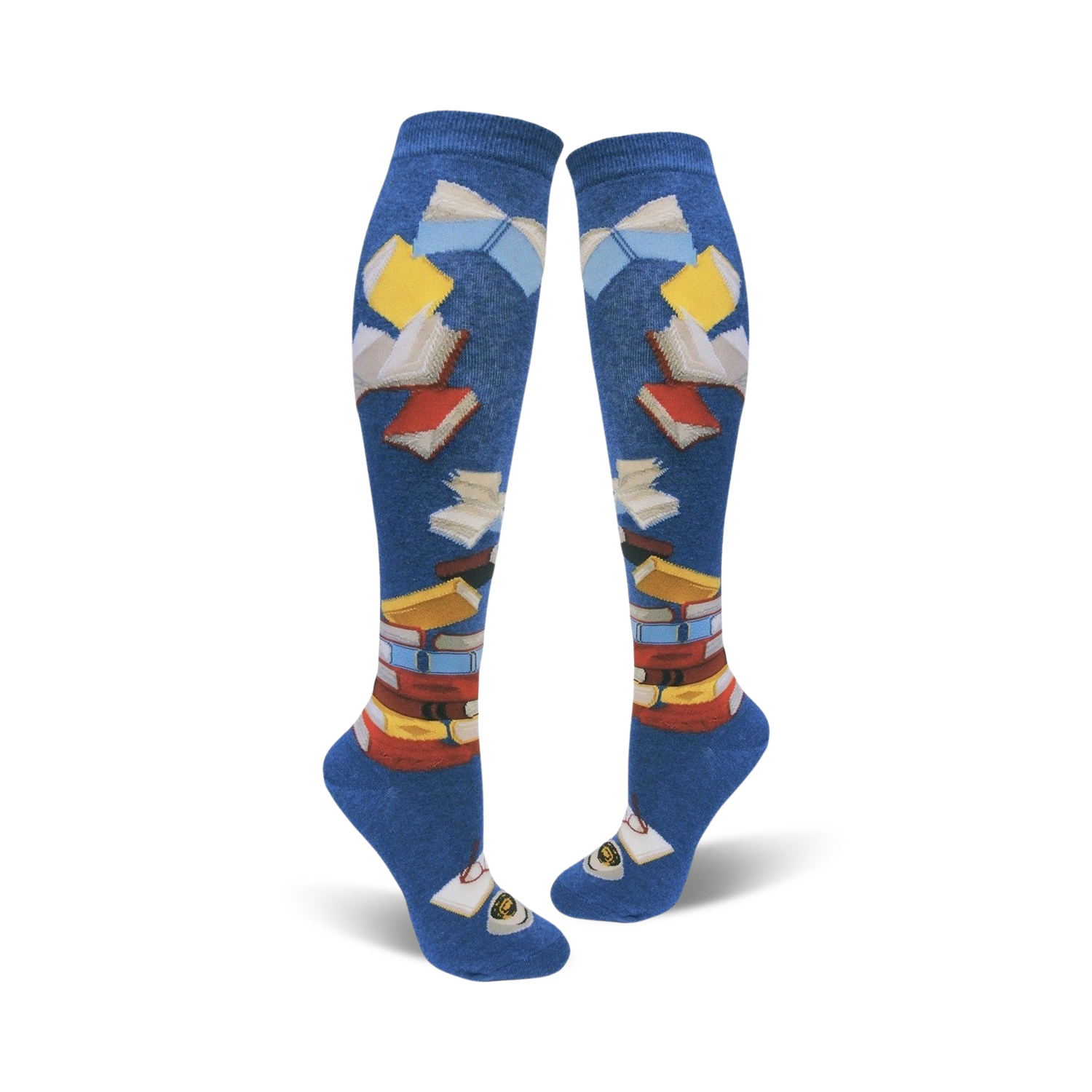 Pair of blue and navy knee-high socks with colorful book and page designs. Fun and literary!