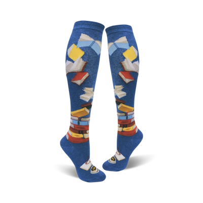 blue knee high women's socks with colorful book pattern.  