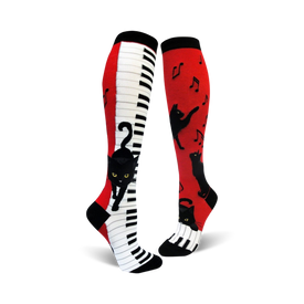 piano cat socks: knee-high, black, red, white, women's socks featuring black cats playing pianos. 