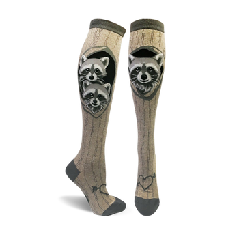 knee high raccoon socks for women featuring 2 raccoons peeking out of a hole in the wood grain pattern.  