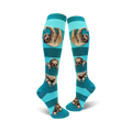 Pair of teal and navy blue striped knee-high socks with sloths printed on them. The sloths are hanging from the stripes.