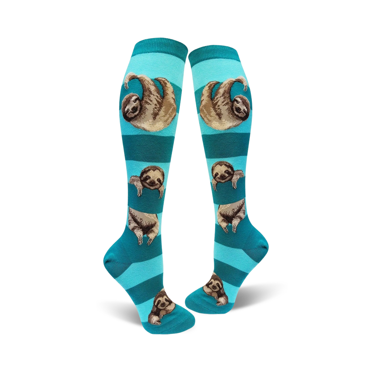Pair of teal and navy blue striped knee-high socks with sloths printed on them. The sloths are hanging from the stripes.