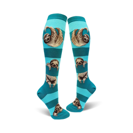 womens blue knee-high socks with sloth pattern: cute, cozy, and sloth-tastic! these knee-high socks feature a fun pattern of sloths hanging from branches, perfect for adding a touch of whimsy to your day.  