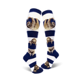 Lifestyle shot showing the model wearing the white and navy blue sloth stripe knee-high socks.