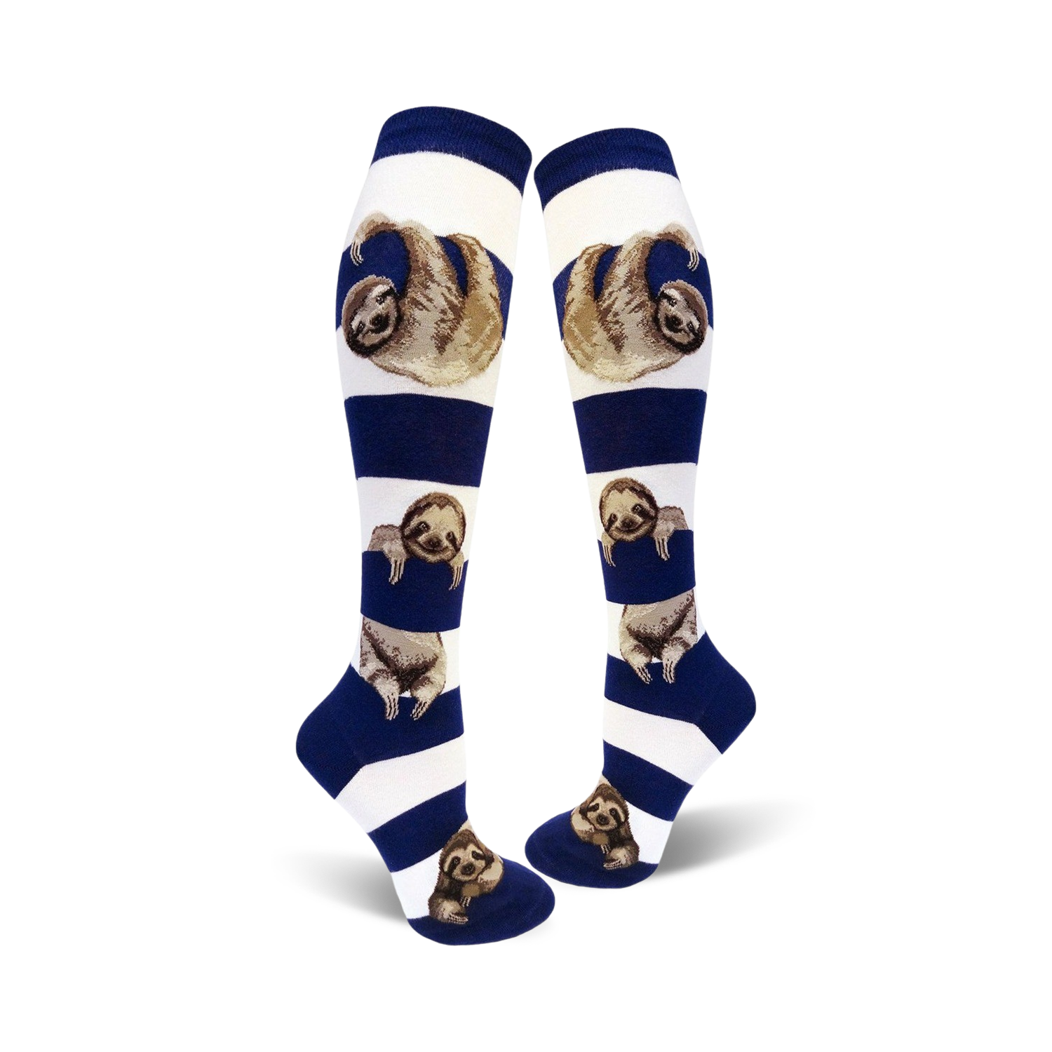 Lifestyle shot showing the model wearing the white and navy blue sloth stripe knee-high socks.