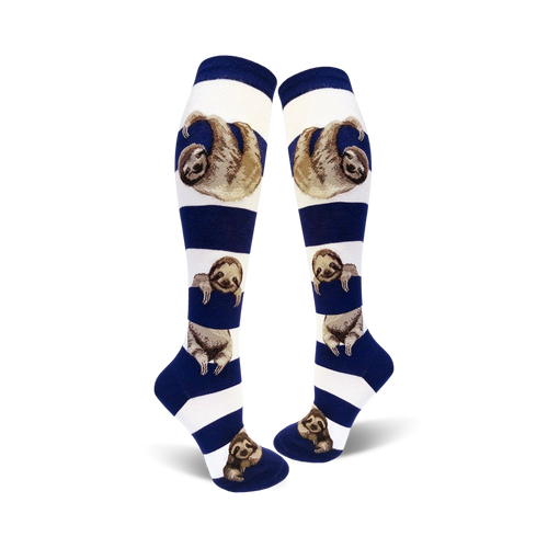 Lifestyle shot showing the model wearing the white and navy blue sloth stripe knee-high socks.