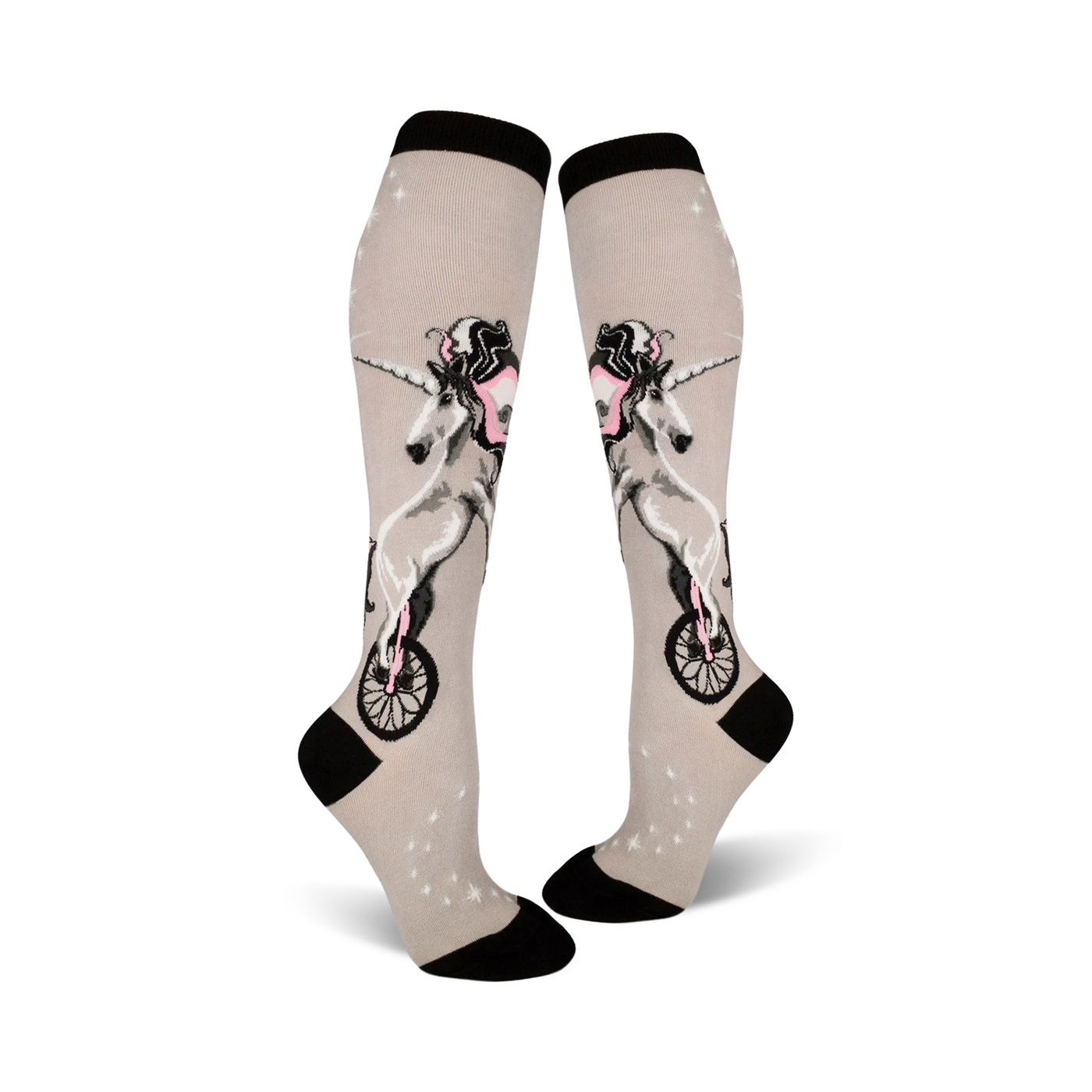Pair of grey knee-high socks with a whimsical design of a unicorn riding a unicycle.  Black cuff and subtle star details.