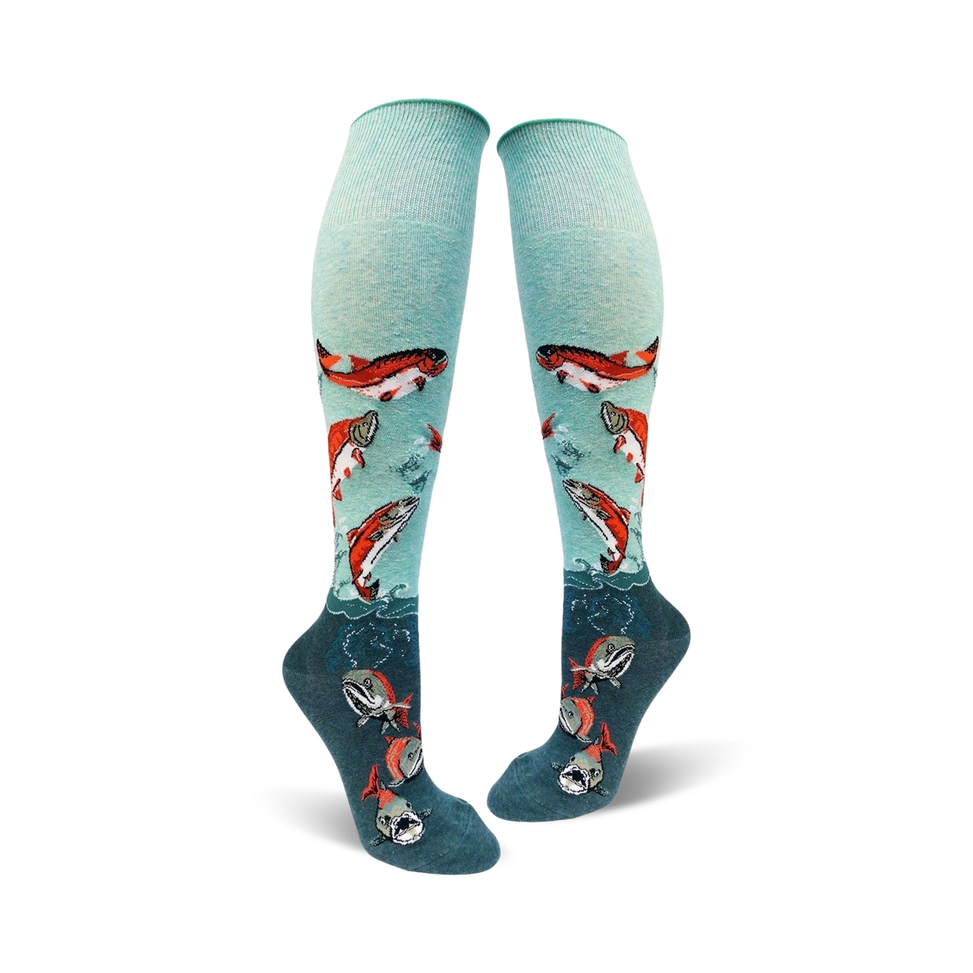 Pair of teal knee-high socks adorned with leaping orange salmon and teal waves.  A fun and unique design!
