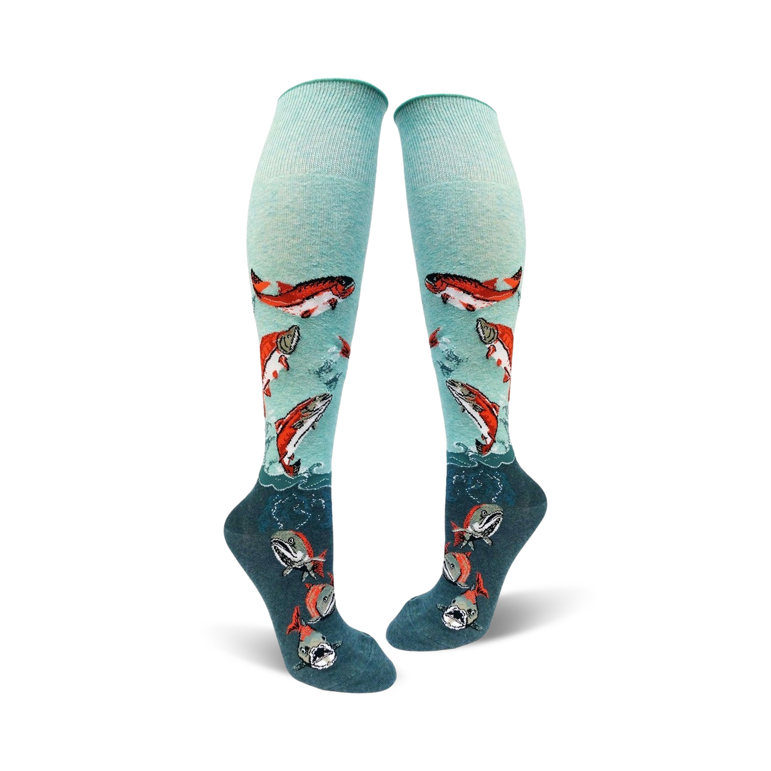 Pair of teal knee-high socks adorned with leaping orange salmon and teal waves.  A fun and unique design!