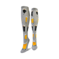 Pair of gray knee-high socks featuring various illustrations of beer steins and glasses filled with light and dark beer.