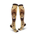 Pair of cream knee-high socks with a detailed brown lion design, including its mane and tail, and small tree accents at the bottom.