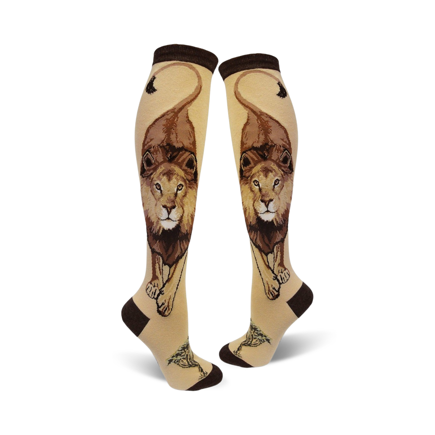 Pair of cream knee-high socks with a detailed brown lion design, including its mane and tail, and small tree accents at the bottom.
