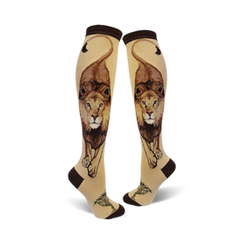womens knee-high socks featuring a bold lion's face design in light tan and dark brown colors.  